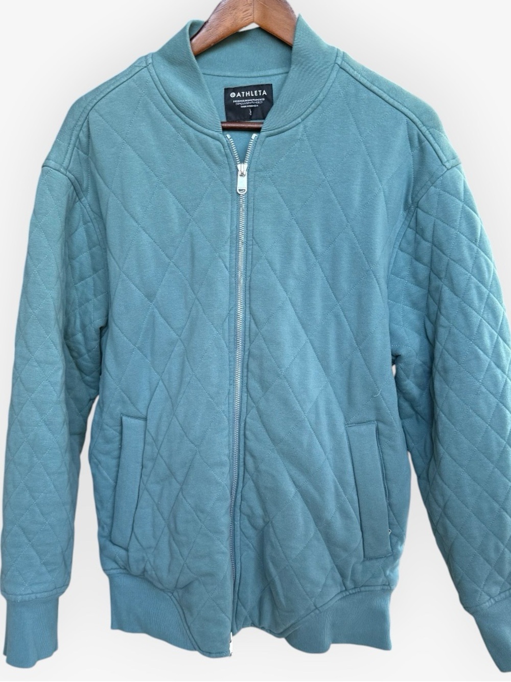 Athleta Retroplush Quilted Bomber Jacket Teal Seafoam Fleece Zip Up Sweatshirt L